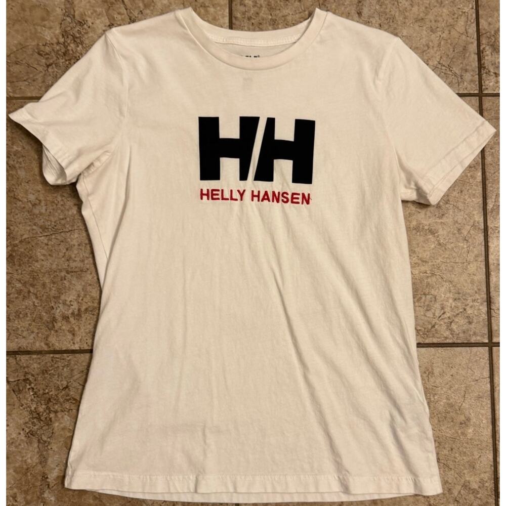 Helly Hansen Women's White Graphic T-Shirt Sz M 100% Organic Cotton Short Sleeve